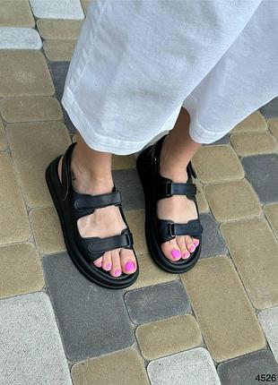 Босоножки женские кожаные черные сандали из натуральной кожи на липучках
