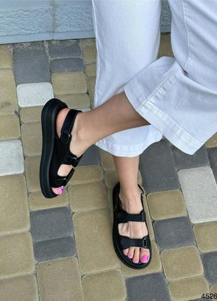 Босоножки женские кожаные черные сандали из натуральной кожи на липучках
