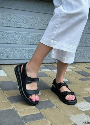 Босоножки женские кожаные черные сандали из натуральной кожи на липучках