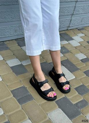 Босоножки женские кожаные черные сандали из натуральной кожи на липучках