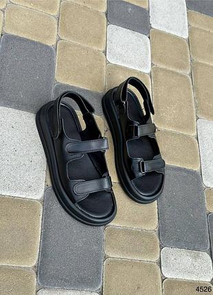 Босоножки женские кожаные черные сандали из натуральной кожи на липучках