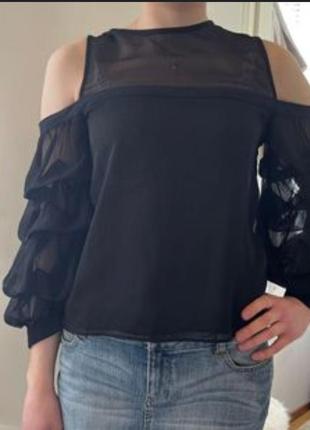 Черная базовая блуза с объемными рукавами, блуза с воланами