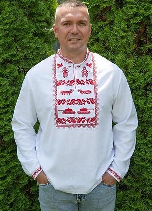 Льняная мужская белая рубашка, белая вышиванка с красным орнаментом и длинным рукавом