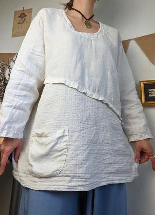 Блуза льон етно-бохо кишеня беже біла  вільна m l xl xxl вінтажна австрія
