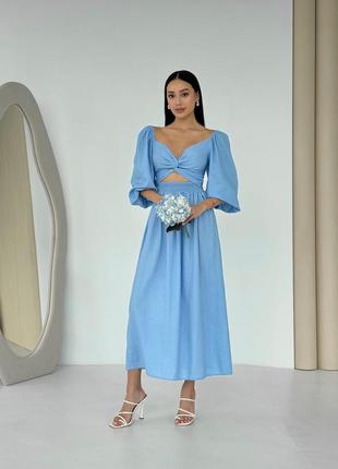 Плаття — жіноче міді, лляне літнє, трансформер — можна носити у двох варіантах, блакитне