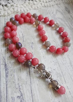 Кольє намисто-чокер із натурального каменю. рожевий халцедон 8 мм, лабрадорит 8 мм.