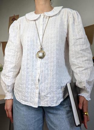 Блуза с воротничком хлопок ришелье кружево белая объемный рукав m l s на пуговицах рубашка