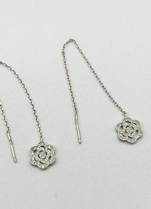 Срібні сережки протяжки квітки з фіанітами