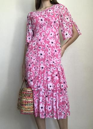 100% вискоза. розовое платье на лето monsoon в цветочек романтика женственное платье