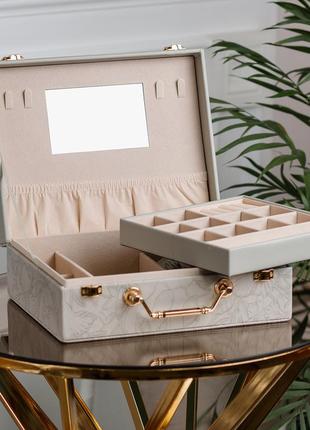 Шкатулка органайзер для украшений бижутерии прямоугольная с зеркальцем чемодан из экокожи серая `ps`