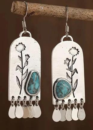 Серьги в винтажном этно стиле цветок камень