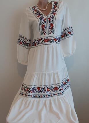 Винтажное платье миди трехъярусное вышиванка, вискоза, размер s/m