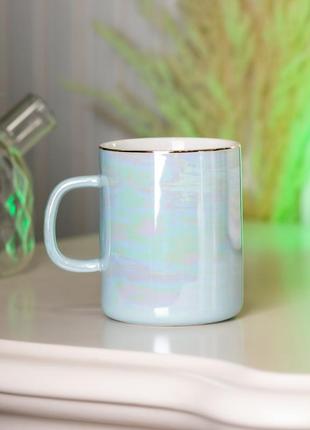Чашка керамическая glaze 420мл в зеркальной перламутровой глазури кружка для чая с крышкой голубой `ps`