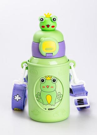 Термос поильник для детей с трубочкой с ремешком и силиконовым чехлом детский 450 (мл) зеленый `gr`