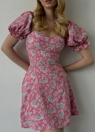 Ніжна сукня міні софт з шнурівкою на спині плаття з короткими рукавами в квітку