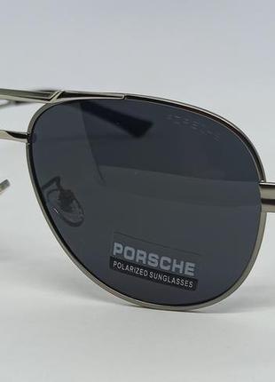 Очки в стиле porsche капли мужские солнцезащитные черные поляризированые в серебристой металлической оправе