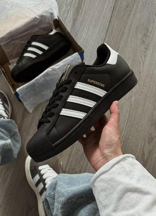 Трендовые женские и мужские кроссовки adidas superstar black cloud white premium чёрные