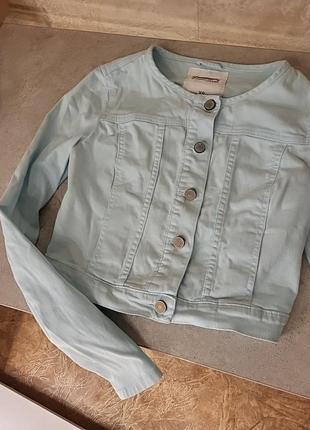 Джинсовка жакет пиджак укороченный мята мятный голубой свктлый белый джинс курточка короткая стрейч спандекс бирюзовый gloria jeans3 фото