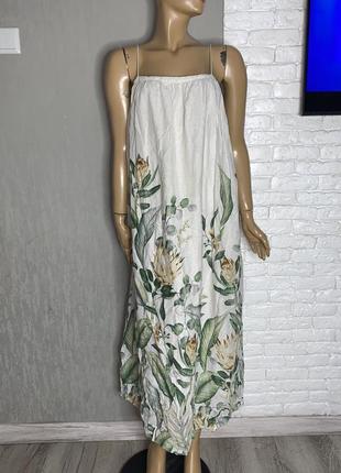 Льняное платье на бретельках платья в тропический принт сарафан лен h&amp;m, xl 58р