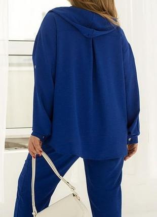Костюм — трійка жіночий брючний спортивний, футболка, кофта з капюшоном, штани, батал синій електрик3 фото