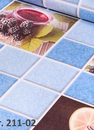 Вологостійкі паперові шпалери для кухні імітація плитки блакитні з ожиною 211-02 (53см х 10м)