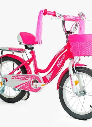 Дитячий двоколісний велосипед для дівчинки corso nice nc-16032 з кошиком та ручним гальмом ,колеса 16 дюймів
