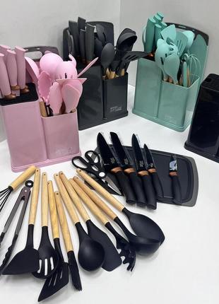 Набор ножей + кухонные принадлежности zepline zp-107 19 предметов (черный, серый, бирюзовый, розовый)