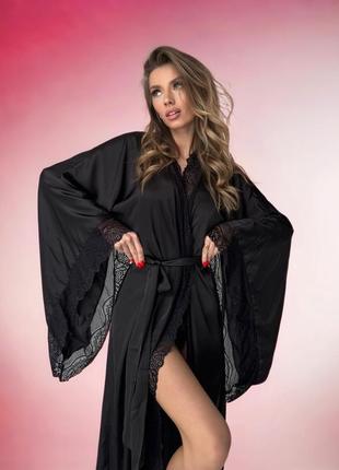 Розкішний домашній жіночий халат на запах із подарунковою упаковкою з шовку armani чорний