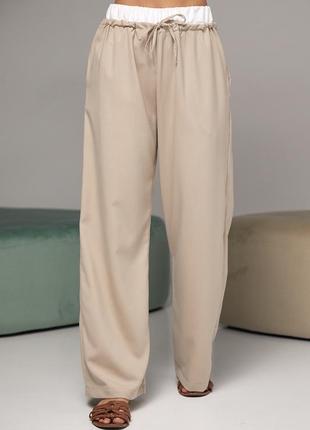 Женские брюки на завязках с белой резинкой на талии - бежевый цвет, s (есть размеры)