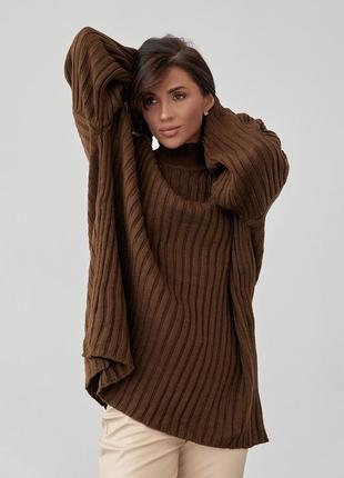 Женский вязаный свитер oversize в рубчик - темно-коричневый цвет, l (есть размеры)