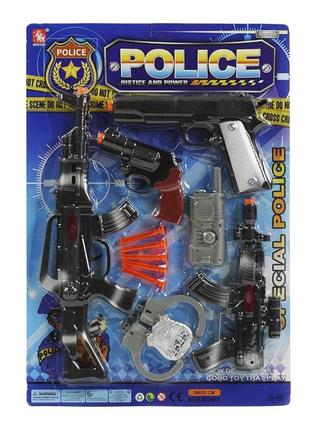 21-4 полицейский набор 2 автомата, 2 пистолета, рация, наручники, жетон,силиконовые патроны,на листе
