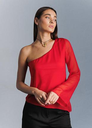 Шифонова блуза з рукавом на одне плече червона