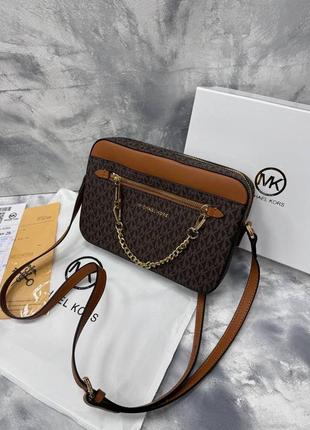 Жіноча сумка в стилі michael kors jet set large logo crossbody bag brown premium.