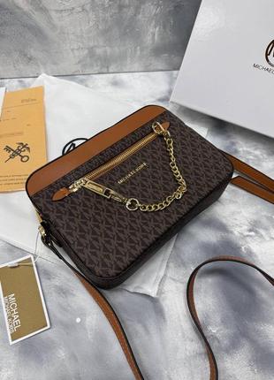 Жіноча сумка в стилі michael kors jet set large logo crossbody bag brown premium.6 фото