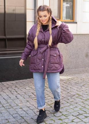 Жіноча куртка з поясом колір фіолет р.50/52 440915