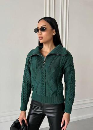 Жіночий светр з v-подібним коміром та блискавкою колір темно-зелений р.42/46 445974