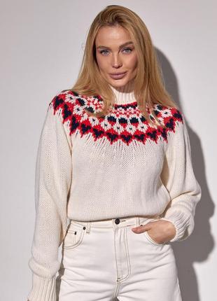 Укороченный вязаный свитер с орнаментом - молочный цвет, l (есть размеры)