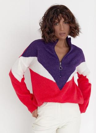 Женская трехцветкая кофта с молнией на воротнике - фиолетовый цвет, l (есть размеры)