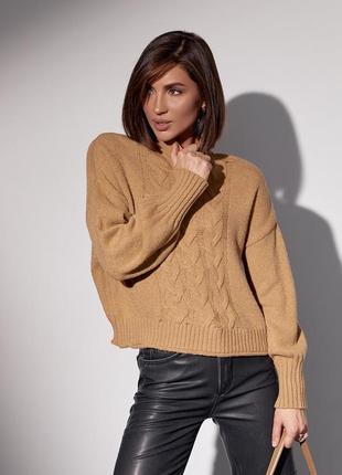 Вязаный женский свитер с косами - коричневый цвет, l (есть размеры)