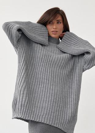 Женский вязаный свитер oversize в рубчик - серый цвет, s (есть размеры)