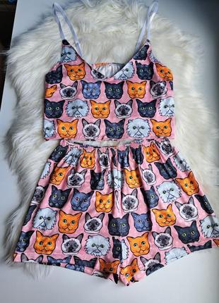 Пижама шорты топ с котами