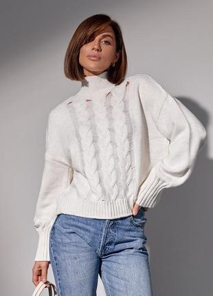 В'язаний жіночий светр із косами — молочний колір, l (є розміри)