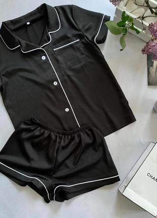 Черная шелковая классическая пижама рубашка + шорты-черная пижама