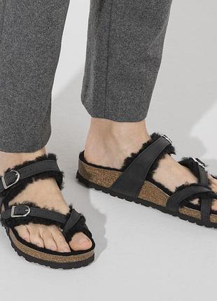 Birkenstock mayari shearling natural leather oiled black   шлепки