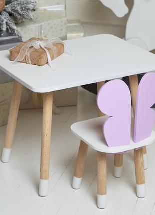 Детский  прямоугольный стол и стул фиолетовый бабочка с белым сидением. детский  белый столик