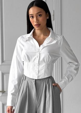 Жіноча сорочка з корсетом, класична біла рубашка, базова, котонова, з бавовни, бавовна, офісна, з довгим рукавом, без принту, однотонна, блуза