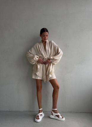 Костюм летний хлопковый из муслина с шортами с кимоно розовый бежевый белый шорты бермуды короткие блуза кофта рубашка туника накидка