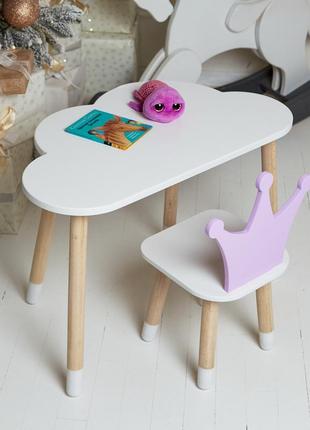 Детский стол белый и стул корона фиолетовый. белоснежный столик детский.