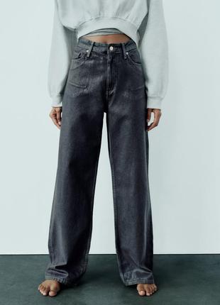 Металлизированные джинсы в рабочем стиле mid rise loose fit foil zara