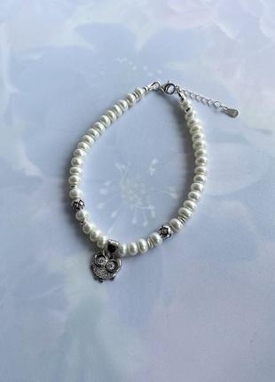 Серебряный браслет из натурального жемчуга «жемчужная сова»4 фото